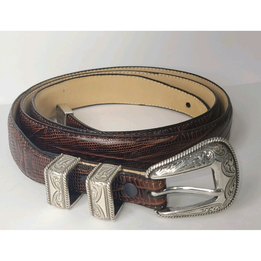 Vtg Italian Calfskin Western Belt Sz 48 Brown Lizard Embossed Leather Metal Tip
